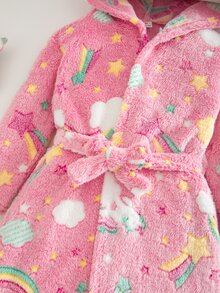 SHEIN 女童舒適極簡雲朵印花長袖連帽睡袍家居服 秋季 - 粉色 - 查看 8