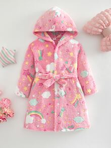 SHEIN 女童舒適極簡雲朵印花長袖連帽睡袍家居服 秋季 - 粉色 - 查看 5