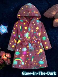 SHEIN 女童舒適極簡雲朵印花長袖連帽睡袍家居服 秋季 - 粉色 - 查看 2
