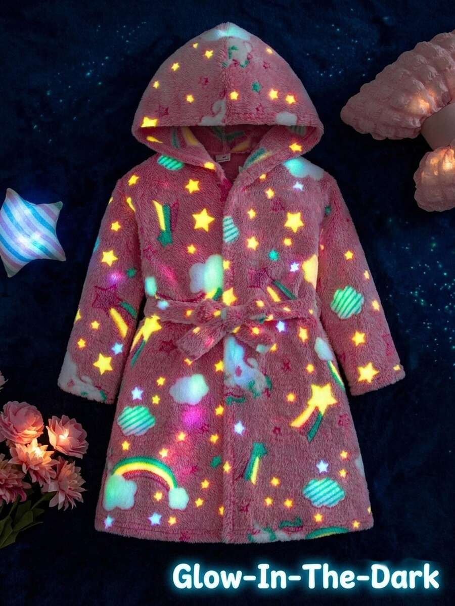 SHEIN 女童舒適極簡雲朵印花長袖連帽睡袍家居服 秋季