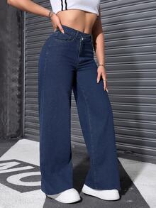 SHEIN ICON Women's Casual Versatile Everyday Denim Jeans With Pockets And Buttons - Dark Wash - View 4