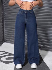 SHEIN ICON Women's Casual Versatile Everyday Denim Jeans With Pockets And Buttons - Dark Wash - View 1