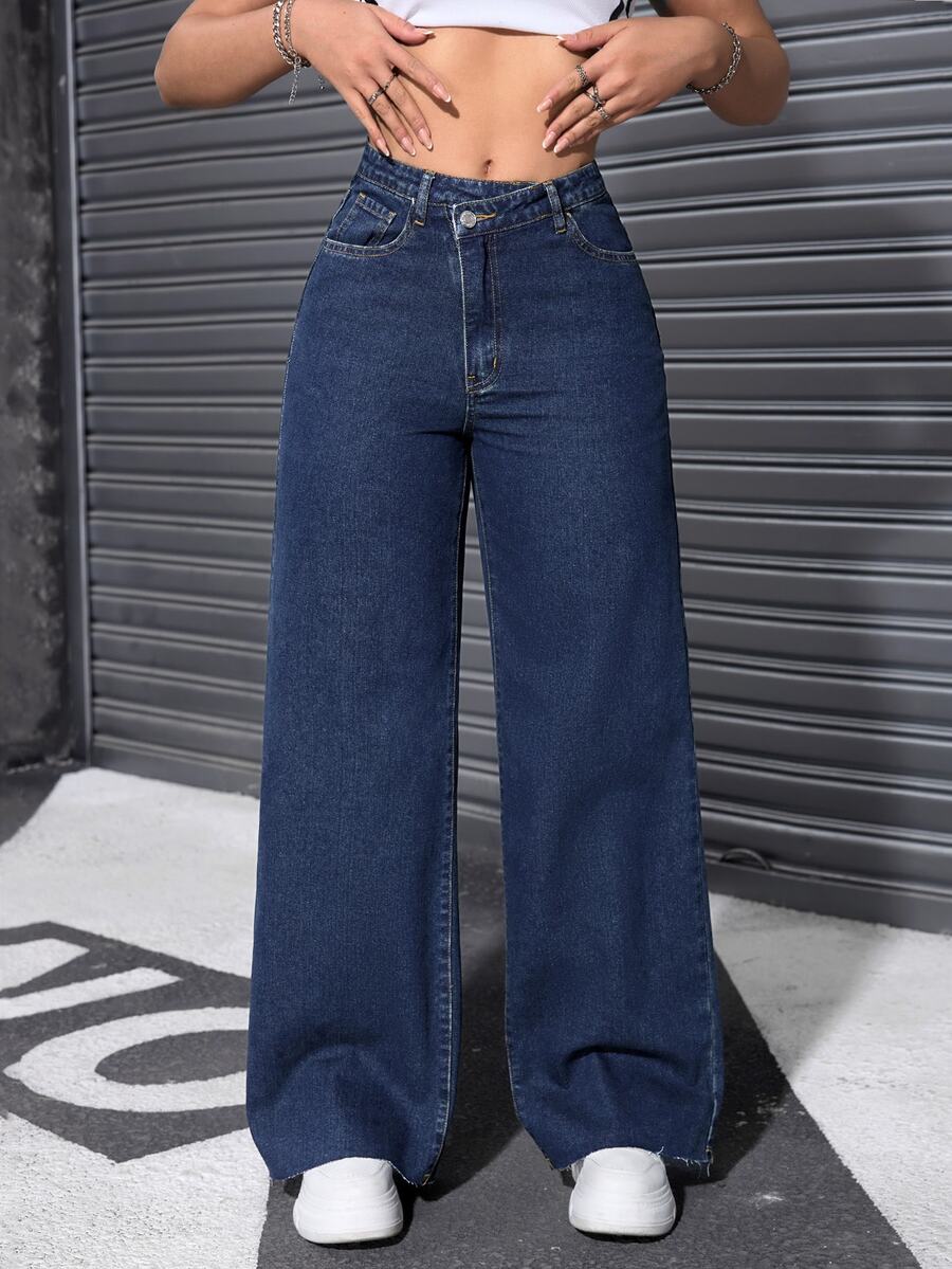 SHEIN ICON Women's Casual Versatile Everyday Denim Jeans With Pockets And Buttons - Dark Wash - View 1