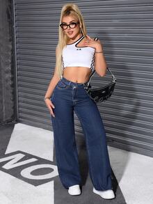 SHEIN ICON Women's Casual Versatile Everyday Denim Jeans With Pockets And Buttons - Dark Wash - View 3