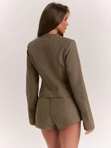 SHEIN BAE Women's Brown Plaid Long Sleeve Blazer & Shorts Set, Office Commute Outfit, Social Gathering Wear - Coffee Brown - View 2