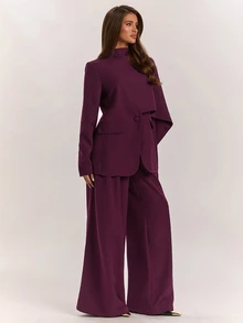 SHEIN BAE Women's Solid Color Asymmetric Design Blazer And Pants Elegant Suit Set,Women's Social Suit Set - Purple - View 6