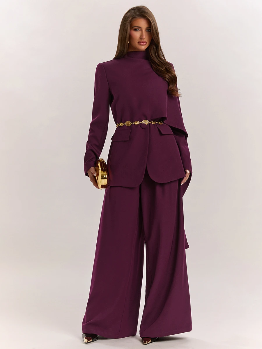 SHEIN BAE Women's Solid Color Asymmetric Design Blazer And Pants Elegant Suit Set,Women's Social Suit Set - Purple - View 1