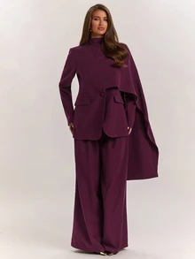SHEIN BAE Women's Solid Color Asymmetric Design Blazer And Pants Elegant Suit Set,Women's Social Suit Set - Purple - View 5