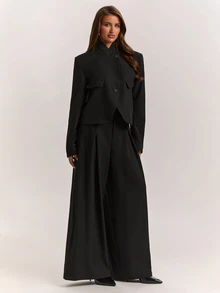 SHEIN BAE Women's Solid Color Long Sleeve Jacket And Pants Suit Set - Dark Grey - View 1
