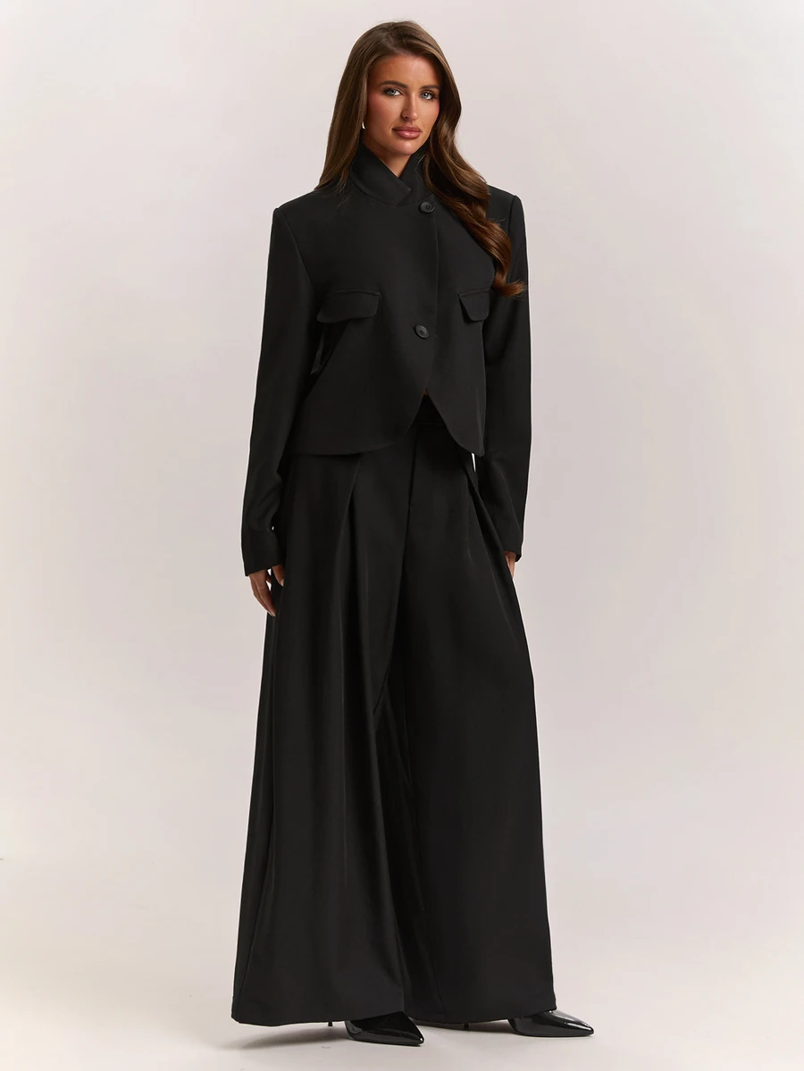 SHEIN BAE Women's Solid Color Long Sleeve Jacket And Pants Suit Set - Dark Grey - View 1