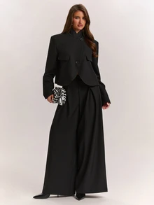 SHEIN BAE Women's Solid Color Long Sleeve Jacket And Pants Suit Set - Dark Grey - View 4