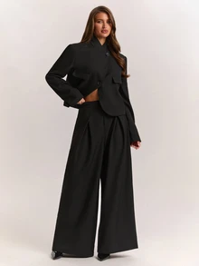 SHEIN BAE Women's Solid Color Long Sleeve Jacket And Pants Suit Set - Dark Grey - View 5