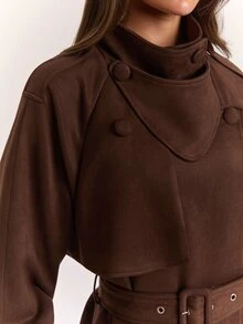 SHEIN BAE 女款素色插肩袖長袖雙排扣休閒風衣外套 - 棕色 - 查看 8