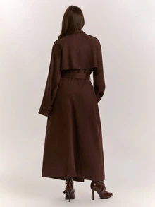 SHEIN BAE 女款素色插肩袖長袖雙排扣休閒風衣外套 - 棕色 - 查看 2