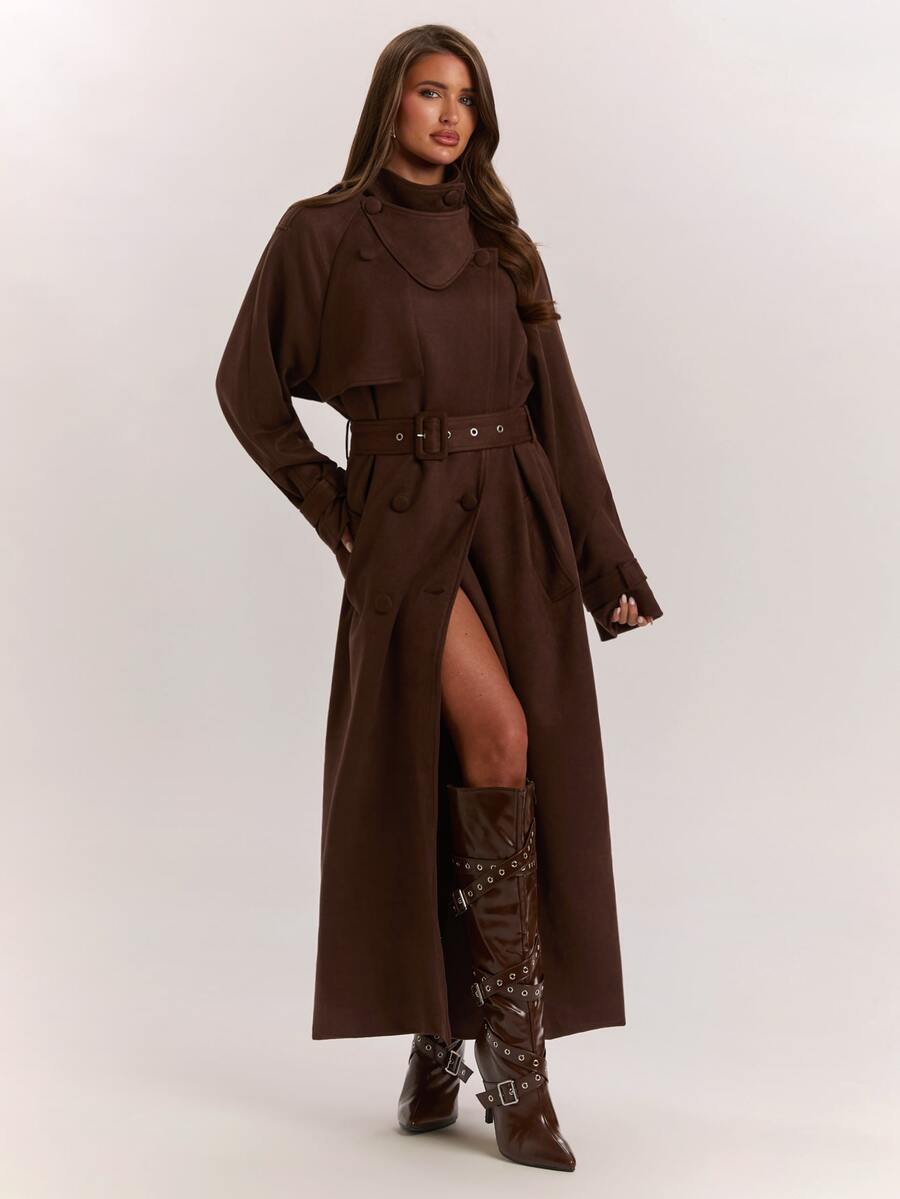 SHEIN BAE 女款素色插肩袖長袖雙排扣休閒風衣外套 - 棕色 - 查看 1