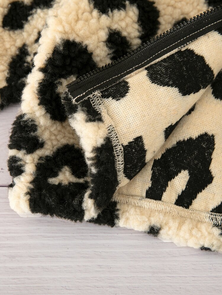 Emery Rose Kids Emery Rose Kids Young Girl Young Girl Young Girl Knitted Faux Fur Leopard Print Casual Stand Collar Autumn Winter Jacket - Multicolor - View 10