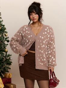 CovetEZ Autumn/Winter Christmas Reindeer Pattern Plush Soft Casual Plus Size Cardigan, Suitable For Halloween And Christmas Wear - Brown - View 4