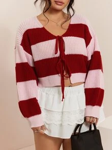 CovetEZ Autumn/Winter Christmas Red & Pink Contrast Bowknot Casual Plus Size Cardigan For Girls - Multicolor - View 3