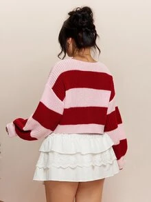 CovetEZ Autumn/Winter Christmas Red & Pink Contrast Bowknot Casual Plus Size Cardigan For Girls - Multicolor - View 2