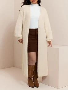 CovetEZ Autumn/Winter Solid Color Plush Soft Casual Versatile Plus Size Long Cardigan Sweater - Beige - View 6