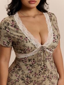 CovetEZ Autumn/Winter New Vintage Brown Floral Lace Patchwork V-Neck Casual Plus Size Dress - Black - View 8