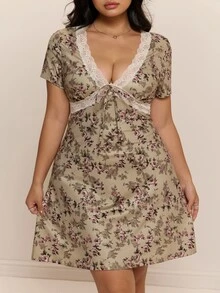 CovetEZ Autumn/Winter New Vintage Brown Floral Lace Patchwork V-Neck Casual Plus Size Dress - Black - View 3