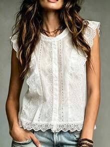 Franclia Solid Color Embroidered Lace Trim Short Casual Office Blouse For Women Croptop - White - View 6