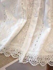 Franclia Solid Color Embroidered Lace Trim Short Casual Office Blouse For Women Croptop - White - View 5