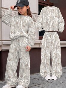 青少年女孩圓領落肩衛衣與直筒長褲2件套，適合秋冬穿著 - 彩色 - 查看 3