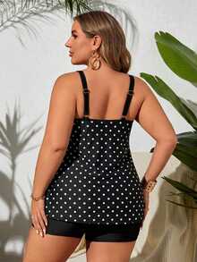 SHEIN Swim Curve 2026 大尺碼女款兩件套 黑白波點上衣搭配黑色高腰短褲，海灘度假、夏季假期穿搭、派對穿著、泳裝 - 黑與白 - 查看 2