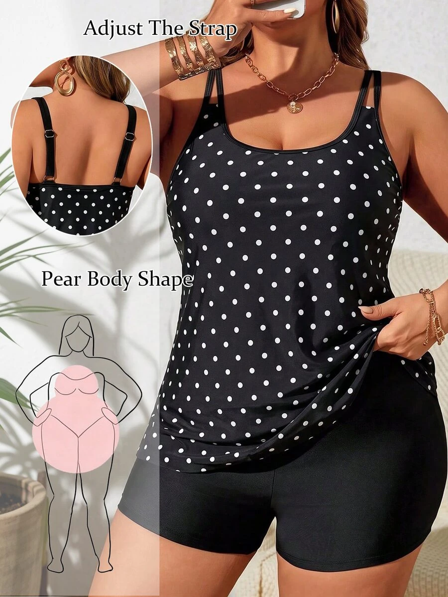 SHEIN Swim Curve 2026 大尺碼女款兩件套 黑白波點上衣搭配黑色高腰短褲,海灘度假、夏季假期穿搭、派對穿著、泳裝 - 黑與白 - 查看 1