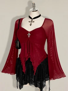 SHEIN ICON 女款大尺碼網紗百褶不對稱下擺上衣 - 酒紅色 - 查看 9