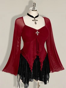 SHEIN ICON 女款大尺碼網紗百褶不對稱下擺上衣 - 酒紅色 - 查看 7