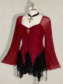 SHEIN ICON 女款大尺碼網紗百褶不對稱下擺上衣 - 酒紅色 - 查看 8
