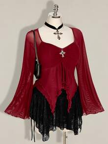 SHEIN ICON 女款大尺碼網紗百褶不對稱下擺上衣 - 酒紅色 - 查看 10