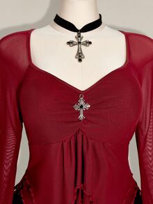 SHEIN ICON 女款大尺碼網紗百褶不對稱下擺上衣 - 酒紅色 - 查看 4