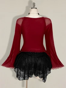 SHEIN ICON 女款大尺碼網紗百褶不對稱下擺上衣 - 酒紅色 - 查看 2