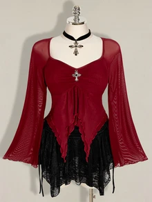 SHEIN ICON 女款大尺碼網紗百褶不對稱下擺上衣 - 酒紅色 - 查看 3