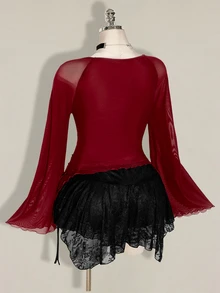 SHEIN ICON 女款大尺碼網紗百褶不對稱下擺上衣 - 酒紅色 - 查看 11