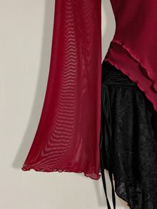 SHEIN ICON 女款大尺碼網紗百褶不對稱下擺上衣 - 酒紅色 - 查看 5