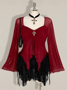 SHEIN ICON 女款大尺碼網紗百褶不對稱下擺上衣 - 酒紅色 - 查看 1