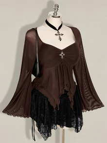 SHEIN ICON Women's Plus Size Mesh Asymmetrical Hem Top Fall - Brown - View 10