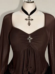 SHEIN ICON Women's Plus Size Mesh Asymmetrical Hem Top Fall - Brown - View 4