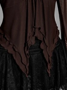 SHEIN ICON Women's Plus Size Mesh Asymmetrical Hem Top Fall - Brown - View 6