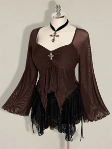 SHEIN ICON Women's Plus Size Mesh Asymmetrical Hem Top Fall - Brown - View 8