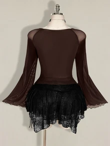 SHEIN ICON Women's Plus Size Mesh Asymmetrical Hem Top Fall - Brown - View 2