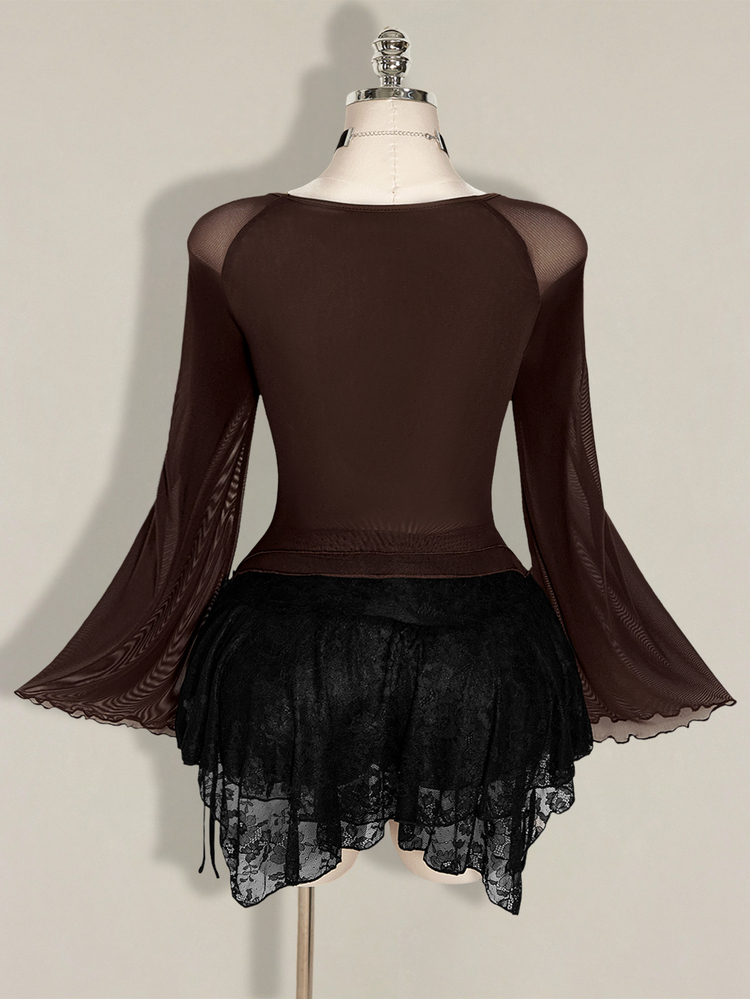 SHEIN ICON 女款大尺碼網紗不對稱下擺上衣 - 棕色 - 查看 2
