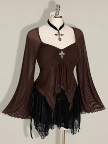 SHEIN ICON Women's Plus Size Mesh Asymmetrical Hem Top Fall - Brown - View 7