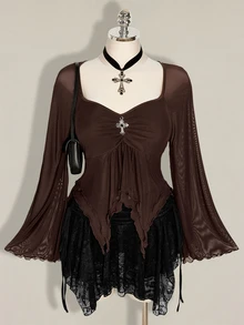 SHEIN ICON Women's Plus Size Mesh Asymmetrical Hem Top Fall - Brown - View 1