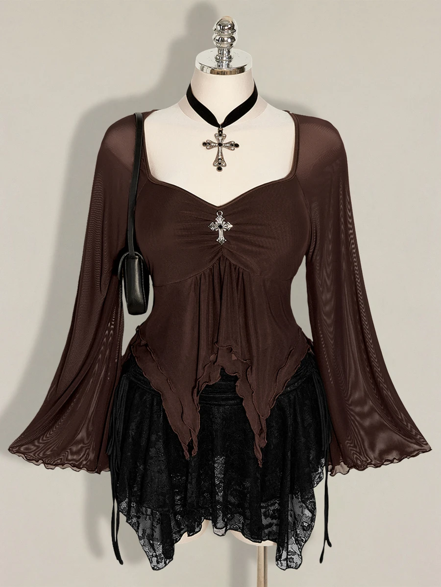 SHEIN ICON Women's Plus Size Mesh Asymmetrical Hem Top Fall - Brown - View 1